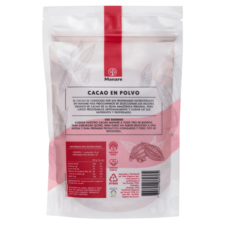 Cacao en polvo orgánico Manare (200 g)